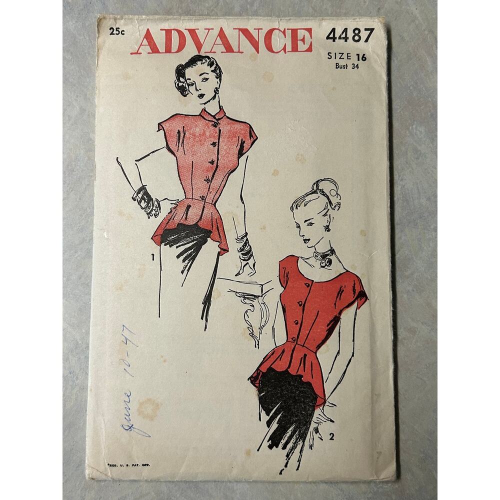 Vintage 1940's Advance Pattern #4487 Misses Peplum‎ Blouse Size 16
